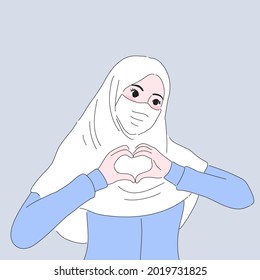 Muslim girl girl heart to you character design of vector. Caregiver to everyone.