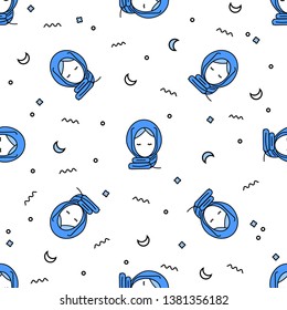 Muslim girl in hijab chematic seamless pattern in white and blue