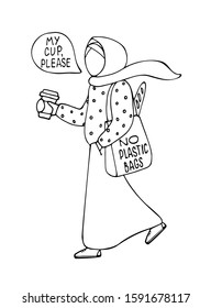 Muslim girl in hijab with eco shopping bag and cup of coffee vector doodle illustration isolated on white background.Zero waste lifestyle. No plastic bags handwriting lettering. My cup please concept.