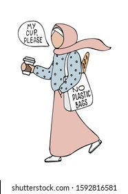 Muslim girl in hijab with eco shopping bag and cup of coffee vector illustration isolated on white background. Zero waste lifestyle. No plastic bags handwriting lettering. My cup please concept.