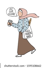 Muslim girl in hijab with eco shopping bag and cup of coffee vector illustration isolated on white background. Zero waste lifestyle. No plastic bags handwriting lettering. My cup please concept.