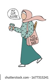 Muslim girl in hijab with eco shopping bag and cup of coffee vector illustration isolated on white background. Zero waste lifestyle. No plastic bags handwriting lettering. My cup please concept.