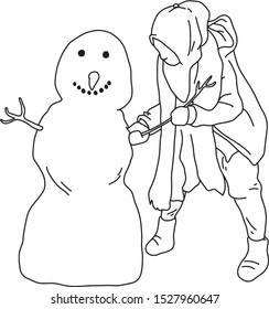muslim girl with hijab making snowman vector illustration sketch doodle hand drawn with black lines isolated on white background