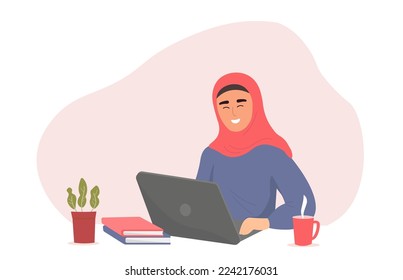 A Muslim girl in a hijab is sitting at her laptop. The student is studying, working online. Vector graphics.