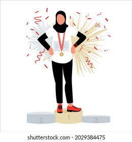 Muslim girl in hijab and sportswear. The female winner in the games of the competition stands on the winners podium in first place with a gold medal.
Modern vector illustration concept. EPS10