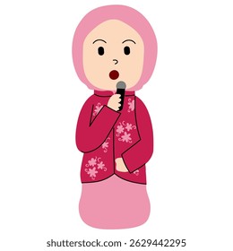 A muslim girl in hijab wearing traditional dress, sitting and holding a microphone, singing as a sinden in a gamelan performance.