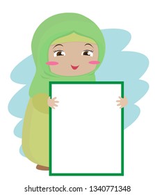 Muslim girl holding a blank poster. Vector illustration. 