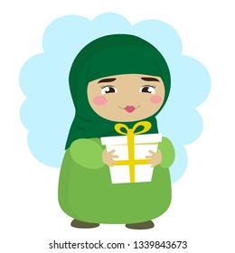 Muslim Girl Holding A Gift. Vector Illustration. 