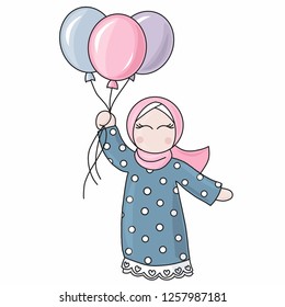 Muslim girl. Islamic cartoon. Small muslimah. Middle Eastern woman in hijab (tradicional muslim cloth). Muslim woman. Isolated balloons. Vector illustration. Islamic celebration.