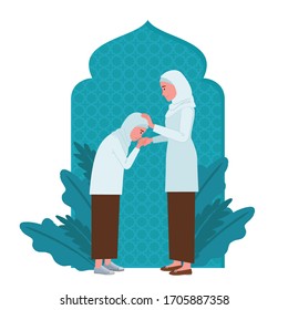 a Muslim girl is kissing his mother’s hand while her mother’s other hand strokes the child's head, with Islamic theme background.