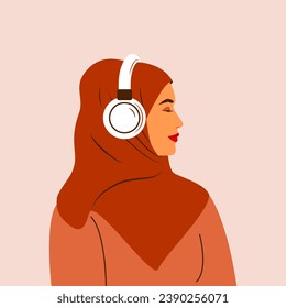 Muslim girl listen to music on headphones. Profile of a young woman in hijab. Listen to an audio book, podcast, lesson, audio guide. Arabic scarf. Avatar. Vector flat illustration