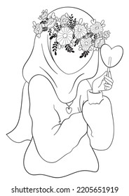 Muslim girl with lollipop, outline image, coloring page.