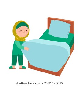 uma menina muçulmana fez a cama dela
