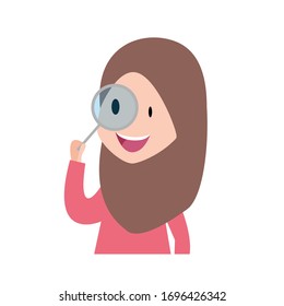 Muslim girl with magnifier. Vector Illustration Of Kid Using Magnifier.