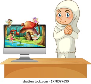 Muslim girl next to computer illustration