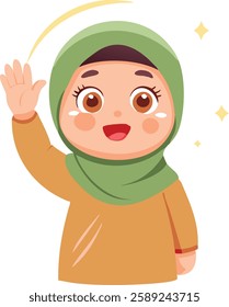 A Muslim girl in an orange dress and green hijab waves with excitement, representing the spirit of Ramadan.