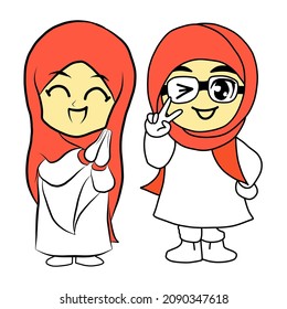Muslim girl with orange hijab. Vector illustrations. Cute cartoons.