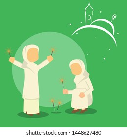 muslim girl playing firecracker vector illustration 