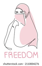 Muslim Girl power, woman with and lettering freedom. Feminist female, vector  in one line art  for International Women day