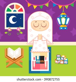 Muslim girl Praying ,  Decorating her room with a lantern , beside her Quran and Arabic alphabet blocks 