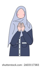 Muslim girl praying in flat design. Character of a Muslimah girl wearing a hijab with a simple flat design style.