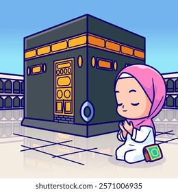 Muslim Girl Praying in Front of Kaaba Cartoon Vector 
Illustration. Islamic Worship and Spirituality Concept Isolated 
Premium Vector. Flat Cartoon Style 