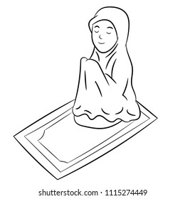 Muslim Girl praying Isolated on white background. Black and White simple line Vector Illustration for Coloring Book - Line Drawn Vector Illustration.