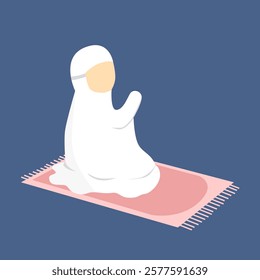 Muslim girl praying on a pink prayer rug. Muslim girl with praying gesture