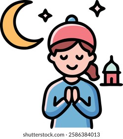 Muslim girl praying under crescent moon during Ramadan, symbolizing faith and devotion.