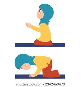 Muslim girl praying vector illustration isolated on white background. Muslim woman praying cartoon character.