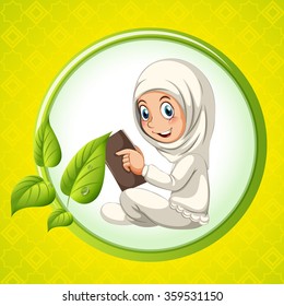Muslim girl reading book illustration