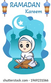 Muslim girl reading a book at ramadan kareem cartoon illustration