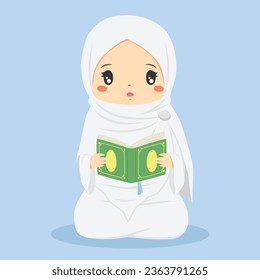 Muslim girl reading Quran character vector. cute Muslim girl in white clothes, holding and reading Quran.