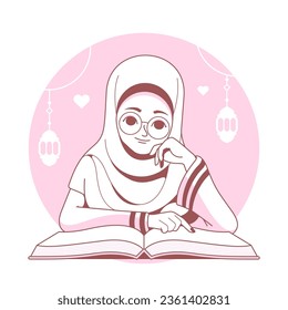 chica musulmana leyendo ilustración de quran