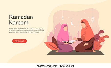 Muslim girl recites Quran with her mom concept. Ramadan Kareem illustration design for Hero image templates, UI, Story board, Book Illustration, Banners and Social media