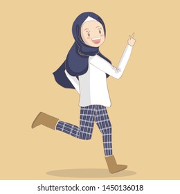 a muslim girl running on a cream ybackground