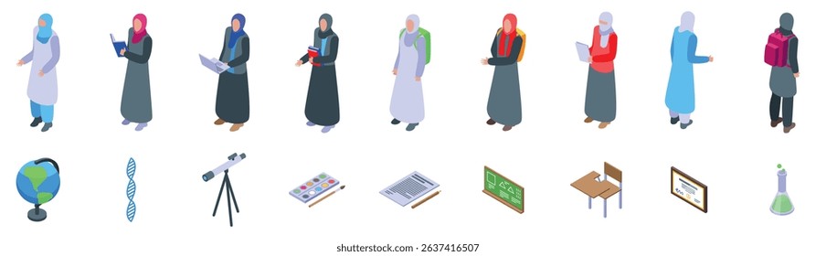  Muslim girl school icons set. Diverse group of muslim female students engaging in educational activities, utilizing various learning resources
