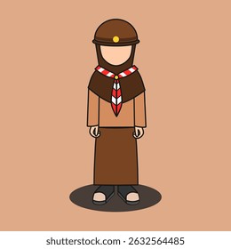 Muslim Girl Scout Character in Indonesian Pramuka Uniform with Hijab. Flat Style on Brown Background