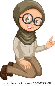 Muslim girl in scout uniform sitting on white background illustration