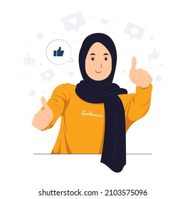 Muslim Girl showing like sign, feedback, public approval, joy, success, approval, happiness, and thumbs up symbol concept illustration