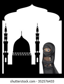 Muslim girl and sillhouette mosque background illustration Stockvektorkép