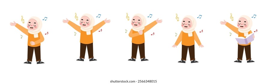 Muslim Girl Singing Various Poses Music Notes Illustration Cartoon Child