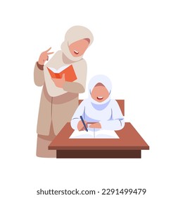 A muslim girl is sitting at a desk and the girl is wearing a hijab.