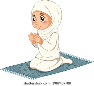 Muslim girl sitting on the prayer rug while praying