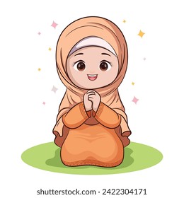 Muslim girl, sitting and praying, wearing Muslim fashion hijab. worship in the month of Ramadan
