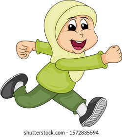 Muslim girl in sport outfit is running happily cartoon vector illustration