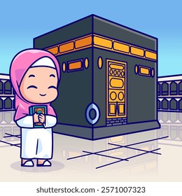 Muslim Girl Standing and Holding Quran in Front of Kaaba 
Cartoon Vector Illustration. Islamic Worship and Spirituality 
Concept Isolated Premium Vector. Flat Cartoon Style 