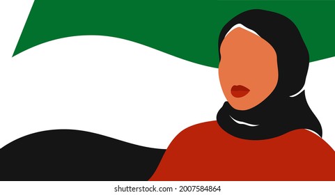 Muslim girl stands against the UAE flag. Emirati Women's day greeting card with Young arab woman wearing black hijab. Vector illustration. Holiday concept