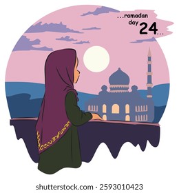 Muslim girl stands on a balcony, gazing at the peaceful night sky where the moon glows above a beautifully lit mosque, as a Ramadan countdown emerges in the sky.