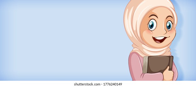 Muslim girl student holding book cartoon character isolated illustration